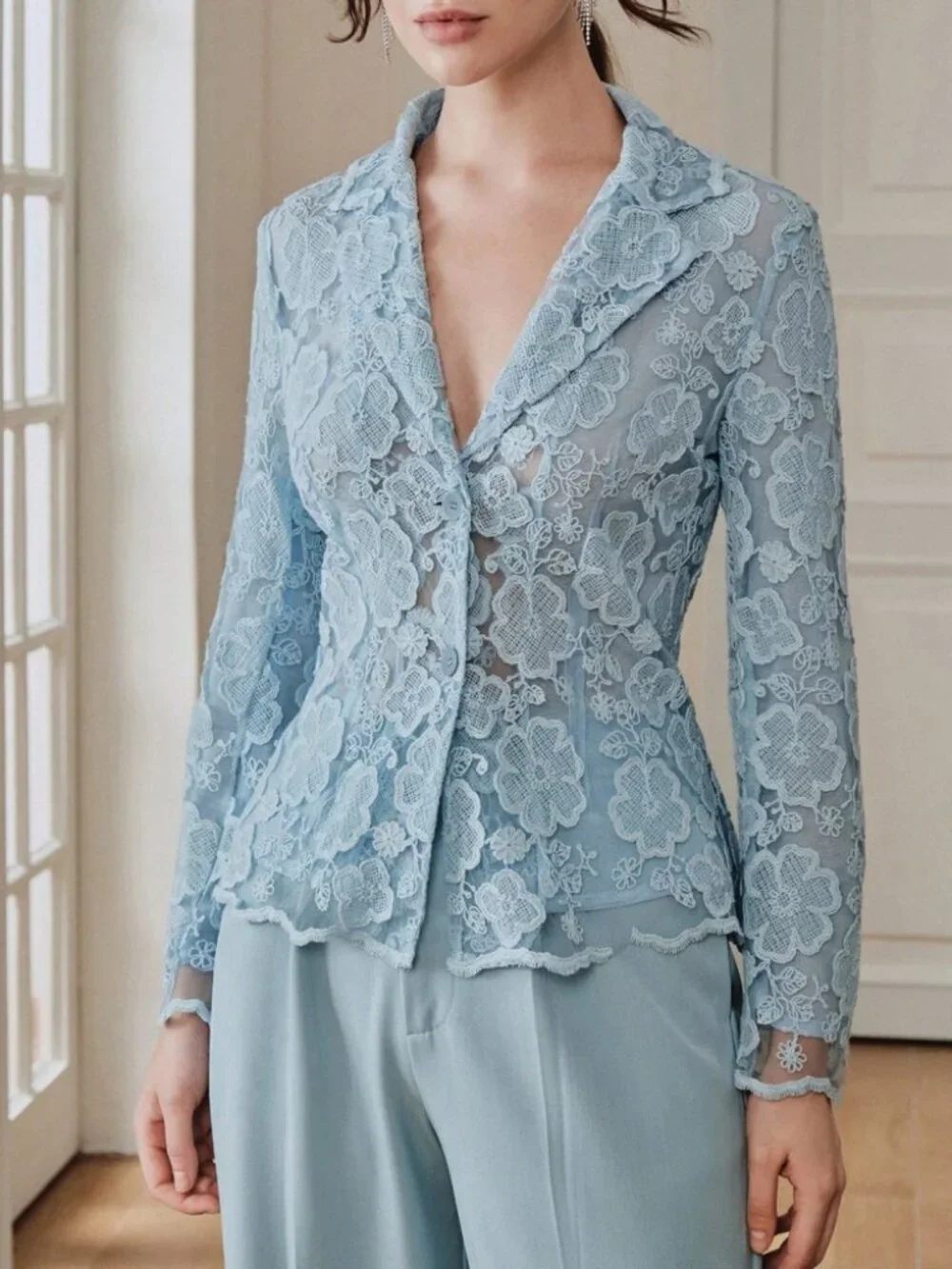 Dusty Blue Sheer Floral Lace Blazer with Notched Lapel